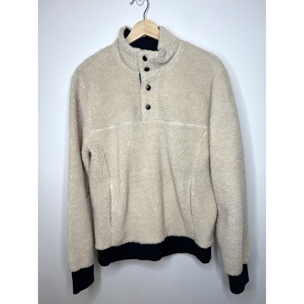 J Crew Authentic Fleece 1/4 Snap Button Pullover Jacket Men Small Cream Faux Fur